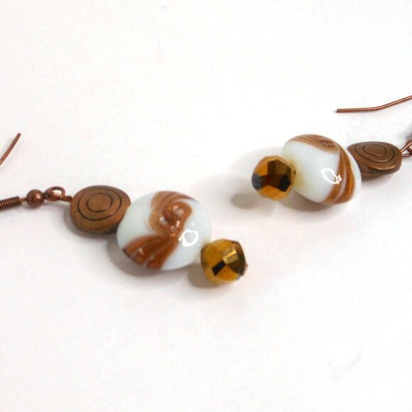 Handmade Copper Tone Glass Swirl Dangle Earrings Boho Festival Jewelry 2 1/8" - Picture 4 of 5